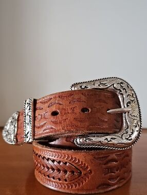 Brown Tooled Leather Western Belt with Silver Buckle